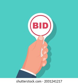 Auction paddle isolated and holding in hand. Contend isolated. Business bidding process concept. Vector illustration flat design. Template for open trade. Many offers good prices. Competition.