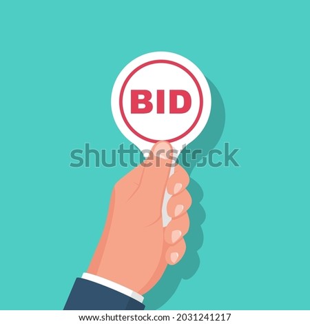 Auction paddle isolated and holding in hand. Contend isolated. Business bidding process concept. Vector illustration flat design. Template for open trade. Many offers good prices. Competition.