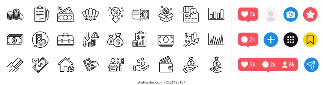 Auction, Payment methods and Card line icons pack. Social media icons. Donation money, Sale, Crown web icon. Rise price, Discount, Change money pictogram. Clipboard, Portfolio, Coins bags. Vector