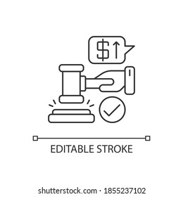 Auction pixel perfect linear icon. Trading event, public sale of valuable lots. retail business thin line customizable illustration. Contour symbol. Vector isolated outline drawing. Editable stroke