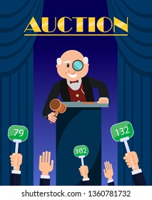 Auction Poster Vector Illustration. Auctioneer Standing with Wooden Hammer. Buyers Making Higher Bids to Get Goods and Service. Participants Hands with Numbers. Man Announcing Prices with Gavel.