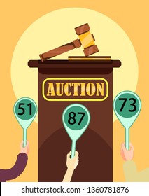 Auction Poster. Auction Wooden Hammer and Stand. Buyers Making Higher Bids to Get Goods and Service, Participants with Numbers and Auctioneer Announcing Prices with Gavel Vector Illustration.