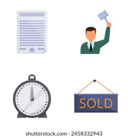 Auction process icons set cartoon vector. Buying and selling lot at auction. Public sale, bidding