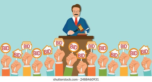 Auction process with man holding gavel behind stand.Hands holding auction paddle in shape of house and hammer. Auction competition, Bidding and auction conceptual, Vector illustration.