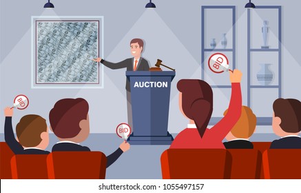 Auction process with man vector illustration.