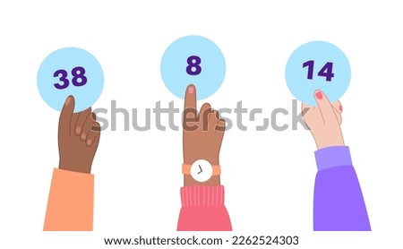 Auction process. Public sale concept. People hold bidding boards in arms, money offer. Goods or property are sold to the highest suggested bidder. Commercial and marketplace flat vector illustration.