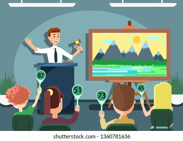 Auction Public Sale Banner. Selling Landscape Painting. Potential Buyers Making Higher Bids to Get Goods and Property, Participants and Auctioneer Announcing Prices with Gavel Vector Illustration.