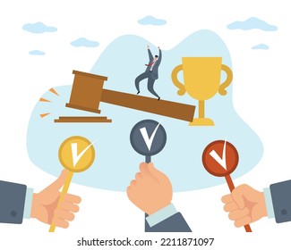 Auction. Public sale of goods concept, high price, competitiveness. Buy and sell products, online bidding, auctioneer and buyers with offer badge tiny people Vector cartoon illustration