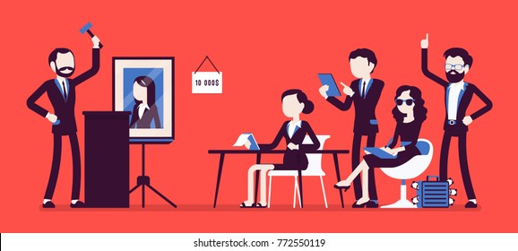 Auction public sale. Potential buyers making higher bids to get goods, property, participants, auctioneer announcing prices with hammer. Vector business concept illustration with faceless characters