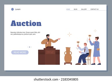 Auction Public Sale Web Page Mockup With Cartoon Characters Of Auctioneer And Bidder, Flat Cartoon Vector Illustration. Auction Advertising Banner For Web Site.