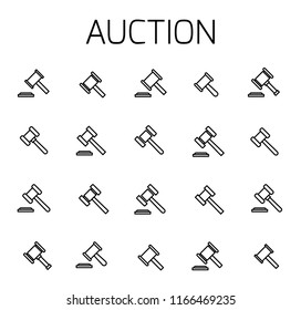 Auction related vector icon set. Well-crafted sign in thin line style with editable stroke. Vector symbols isolated on a white background. Simple pictograms.
