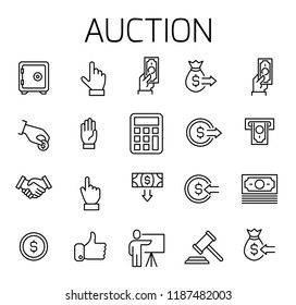 Auction related vector icon set. Well-crafted sign in thin line style with editable stroke. Vector symbols isolated on a white background. Simple pictograms.