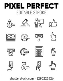 Auction related vector icon set. Well-crafted sign in thin line style with editable stroke. Pixel Perfect. Editable Stroke. Simple pictograms.