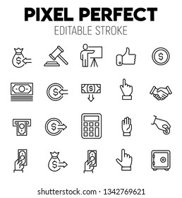 Auction related vector icon set. Well-crafted sign in thin line style with editable stroke. Pixel Perfect. Editable Stroke. Simple pictograms.