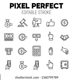 Auction related vector icon set. Well-crafted sign in thin line style with editable stroke. Pixel Perfect. Editable Stroke. Simple pictograms.