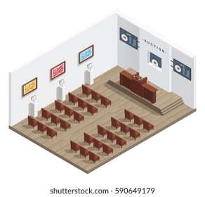 Auction room isometric interior with auctioneers tribune bidders chairs pictures on the wall and information boards vector illustration