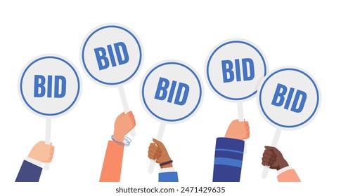 Auction sale and bidding process, financial competition of money offers. Diverse group of bidders and competitors holding Bid paddles in hands to vote and buy valuable item cartoon vector illustration