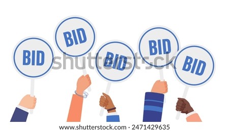 Auction sale and bidding process, financial competition of money offers. Diverse group of bidders and competitors holding Bid paddles in hands to vote and buy valuable item cartoon vector illustration