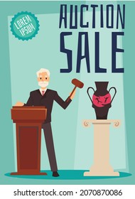 Auction sale cartoon vector illustration. Old silver haired auctioneer sells antique vase at an art auction.