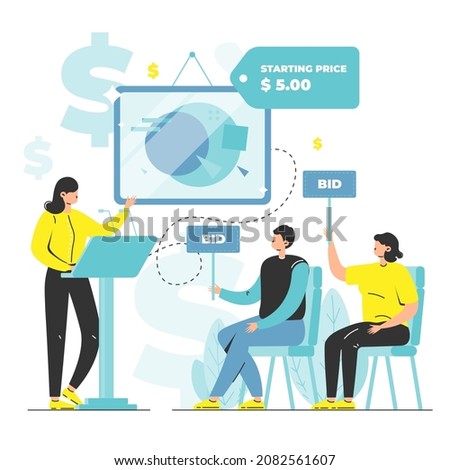 Auction scene with auctioneer calling out starting price, bidders making bids, flat vector illustration.
