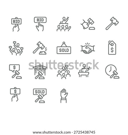 Auction scene with gavel and icons representing sale and bidding process