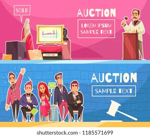 Auction set of two horizontal banners with editable text and flat doodle characters of participating people vector illustration