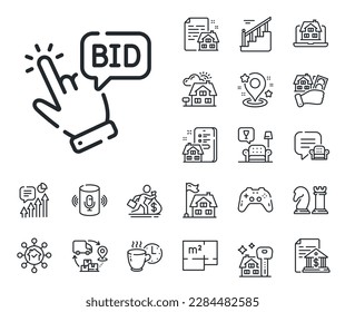 Auction sign. Floor plan, stairs and lounge room outline icons. Bid offer line icon. Raise the price up symbol. Bid offer line sign. House mortgage, sell building icon. Real estate. Vector