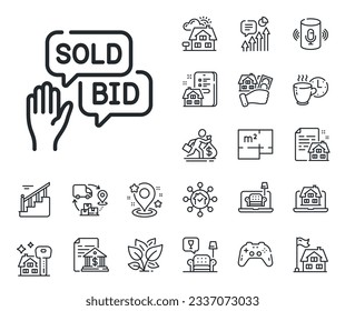 Auction sign. Floor plan, stairs and lounge room outline icons. Bid offer line icon. Raise the price up symbol. Bid offer line sign. House mortgage, sell building icon. Real estate. Vector