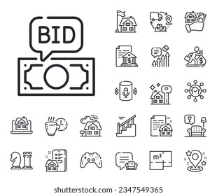 Auction sign. Floor plan, stairs and lounge room outline icons. Bid offer line icon. Raise the price up symbol. Bid offer line sign. House mortgage, sell building icon. Real estate. Vector