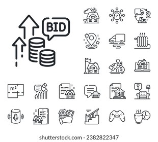 Auction sign. Floor plan, stairs and lounge room outline icons. Bid offer line icon. Raise the price up symbol. Bid offer line sign. House mortgage, sell building icon. Real estate. Vector