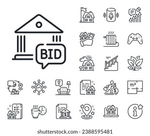 Auction sign. Floor plan, stairs and lounge room outline icons. Bid offer line icon. Raise the price up symbol. Bid offer line sign. House mortgage, sell building icon. Real estate. Vector