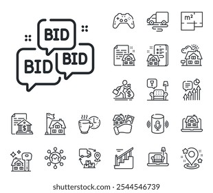 Sinal de leilão. Planta de chão, escadas e ícones da sala de estar. Ícone da linha de oferta de compra. Aumente o símbolo de aumento de preço. Sinal de linha de oferta de compra. Moradia, venda de ícone de construção. Imóveis. Vetor