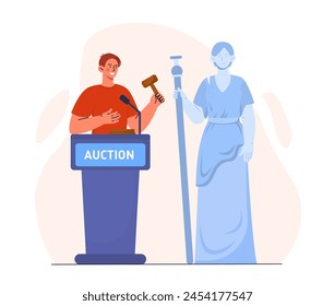 Auction statues concept. Man with gavel near marble bust of woman. Selling and buying of expense product. Creativity and art product. Cartoon flat vector illustration isolated on white background