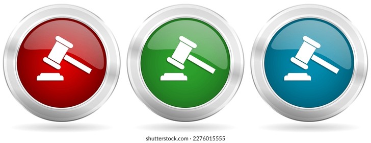 Auction vector icon set. Red, blue and green silver metallic web buttons with chrome border