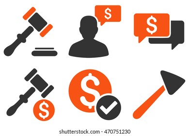 Auction vector icons. Pictogram style is bicolor orange and gray flat icons with rounded angles on a white background.
