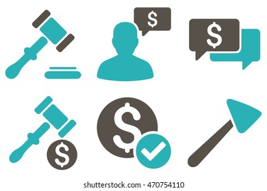 Auction vector icons. Pictogram style is bicolor grey and cyan flat icons with rounded angles on a white background.