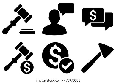 Auction vector icons. Pictogram style is black flat icons with rounded angles on a white background.