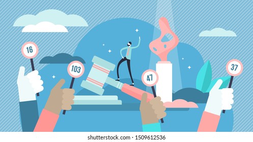 Auction vector illustration. Flat tiny bid for product purchase persons concept. Legal form of selling products and estate for highest price. Investment decision offer badge and gavel verdict symbols.