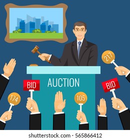 Auction vector process with man holding gavel behind special stand near hanging picture and human raised hands in front of him. Take round and rectangular paddles with numbers and BID inscriptions.