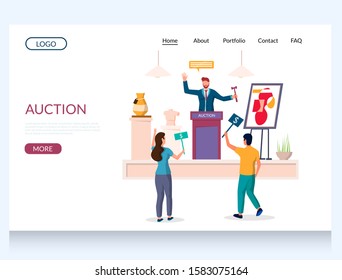 Auction vector website template, web page and landing page design for website and mobile site development. Antique vase auction sale with characters auctioneer calling out prices, buyers making bids.