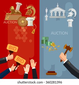 Auction vertical banners selling antiques and real estate vector illustration  
