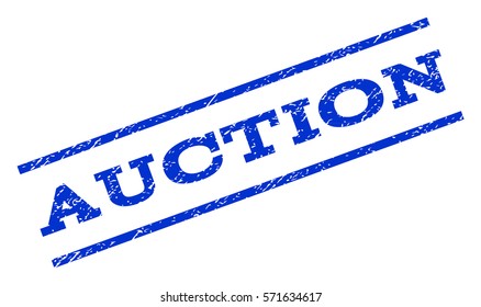 Auction watermark stamp. Text tag between parallel lines with grunge design style. Rotated rubber seal stamp with dust texture. Vector blue ink imprint on a white background.