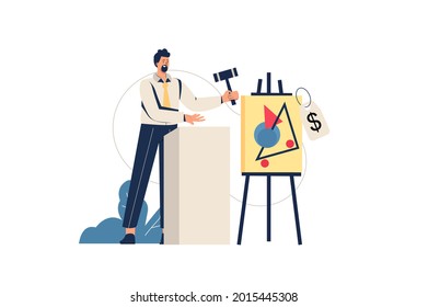 Auction web concept. Seller with hammer sells painting at auction, investment in artwork, bargain purchase of picture at gallery, minimal people scene. Vector illustration in flat design for website