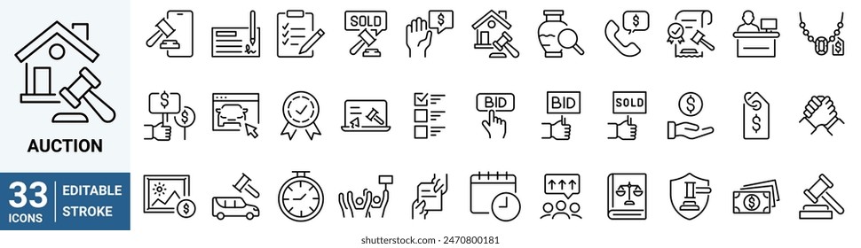 Auction web icons. Contains such Icons as Price Tag, Deal, Auctioneer and more. Editable Stroke.Related Vector Line Icons