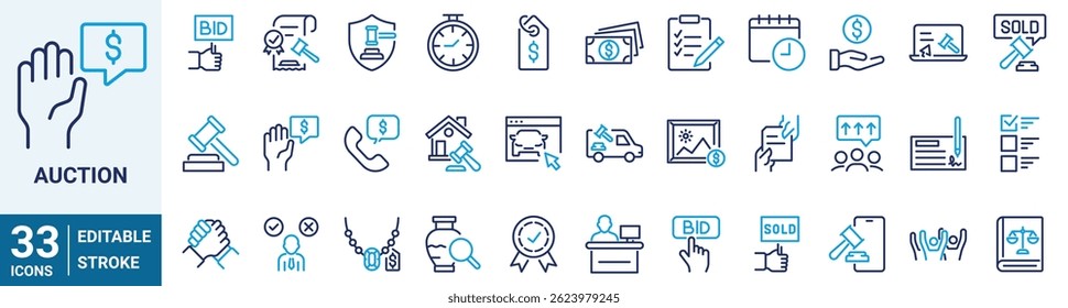 Websymbole versteigern. Enthält Symbole wie Preisschild, Deal, Auktionator und mehr. Bearbeitbare Kontur.Verwandte Vektorliniensymbole
