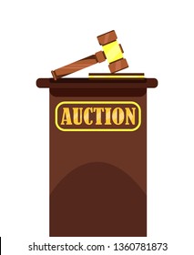 Auction Wooden Hammer and Stand Poster. Offering for Bid Vector Illustration. Auction House. Element for Auctions that Helps to Sell Things or Services by Hitting. Commercial Deals.