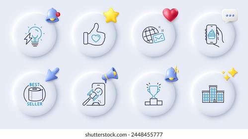 Auction, World mail and Toilet paper line icons. Buttons with 3d bell, chat speech, cursor. Pack of Like hand, Company, Food app icon. Electricity bulb, Winner podium pictogram. Vector