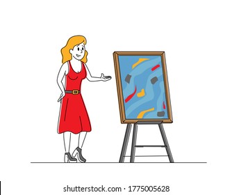 Auctioneer Female Character Offer Masterpiece Picture for Auction Bidding. Woman Selling Art for Collectors. Process of Buying and Selling Goods by Offering Them Up for Bid. Linear Vector Illustration