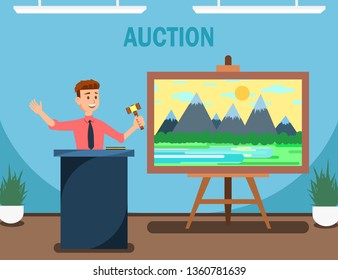 Auctioneer with Gavel Selling Landscape Painting Vector Illustration. Buying and Selling Goods or Services, Offering for Bid Banner. Auction House with Man Holding Hammer. Sales in Art Gallery.