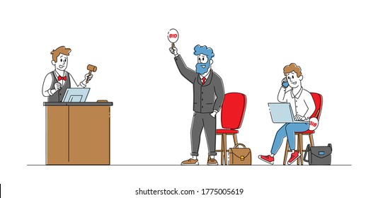 Auctioneer Holding Wooden Gavel Stand at Tribune Conducting Online Auction, Male Characters Bidding. Business, Internet Technology for Selling and Buying Assets. Linear People Vector Illustration